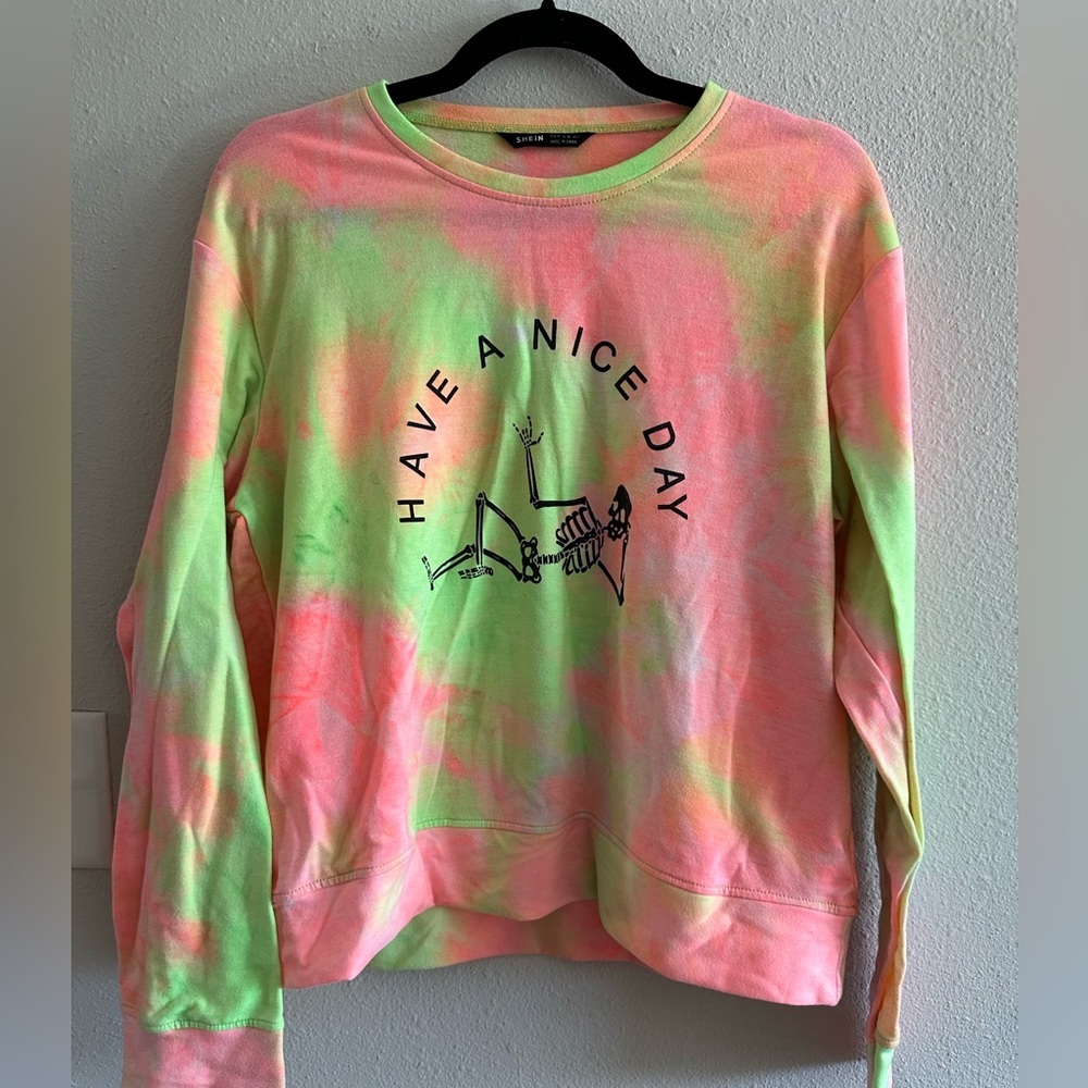A4 - 222 Shein neon tie dye have a nice day skeleton light sweatshirt size med